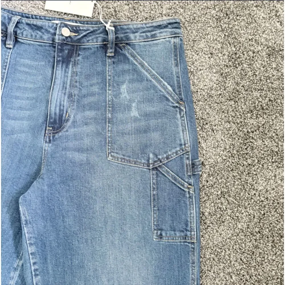 Kancan Wide Leg Cargo Jeans NWT Size 12 Medium Wash High Rise Utility Denim